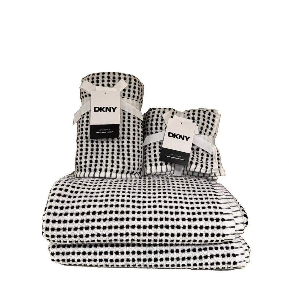 DKNY 8 Pc Towel SET Black & White Checkered Cotton Checked 2 Bath 2 Hand 4 Wash
